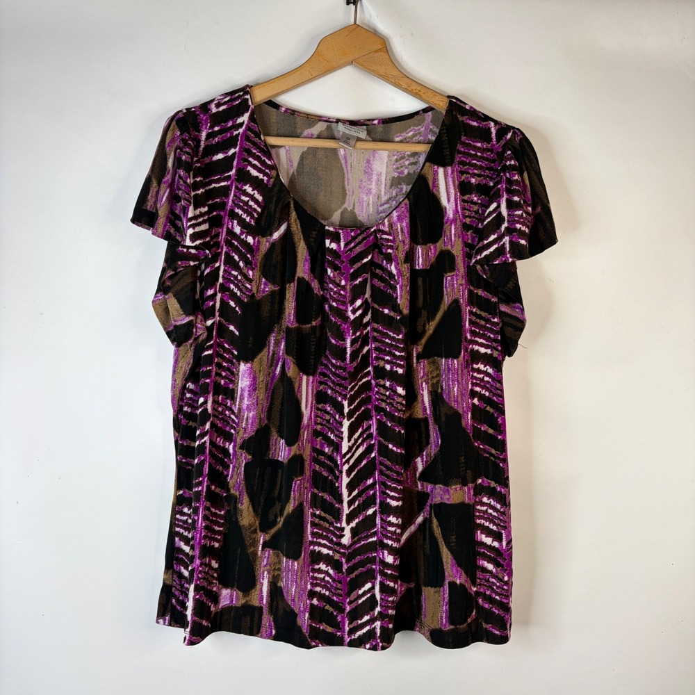 Worthington Blouse Women 2X Purple Abstract Stretch Flutter Sleeve Scoop Neck